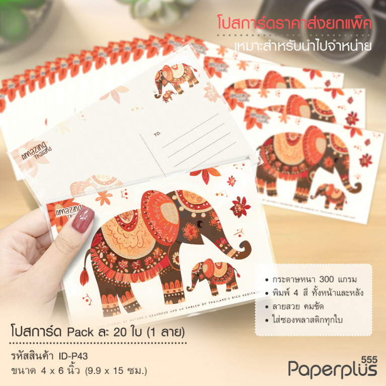 ID-P43 โปสการ์ด 4x6 นิ้ว ลายช้างแม่ลูก (20ใบ) 