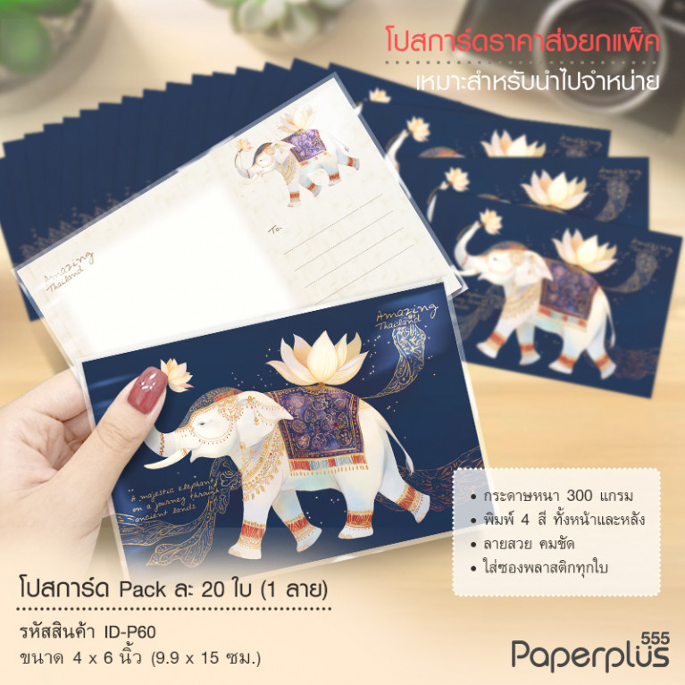 ID-P60 โปสการ์ด 4x6 นิ้ว ลายช้างดอกบัว (20ใบ)