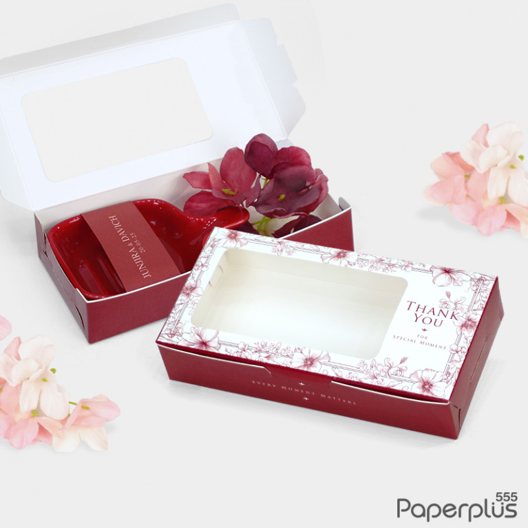 BK34W-048 กล่องบราวนี่ 2ชิ้น 15x7.5x3 ซม. แดงเข้ม ลายดอกไม้เส้นแดง (20กล่อง) กล่องgiftset 