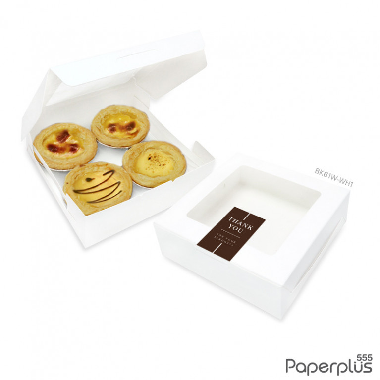 BK61W-WH1 กล่องขนมทรงแบน 12 x 12 x 4 ซม. (20กล่อง) สีขาว(แถมสตก.)
