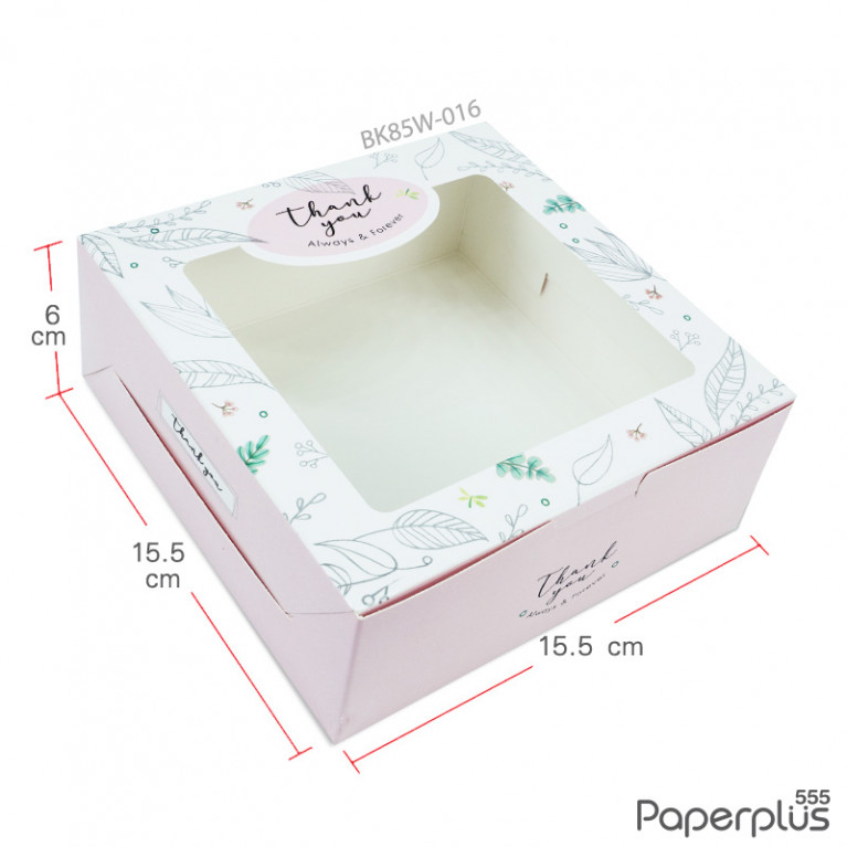 BK85W-016 กล่องทรงแบน 15.5x15.5x6 ซม.สีชมพู ลายเส้นใบไม้ (20กล่อง)