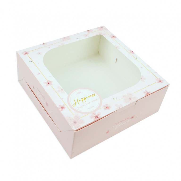 BK85W-018 กล่องทรงแบน 15.5x15.5x6 ซม. สีชมพู ลายซากุระ  (20กล่อง)