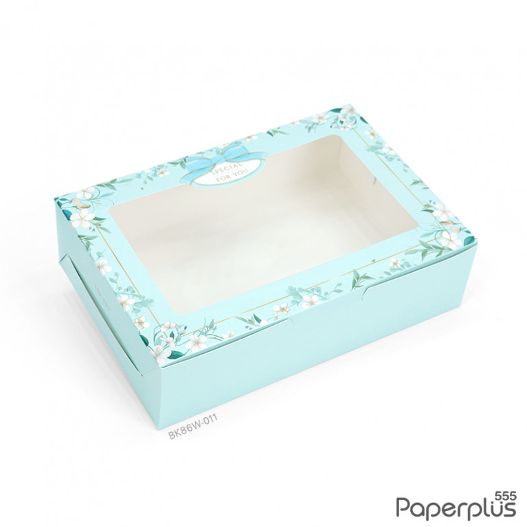 BK86W-011 กล่องใส่ขนมทรงแบน 22x15x6.2cm. ลายดอกไม้ฟ้า (20กล่อง)