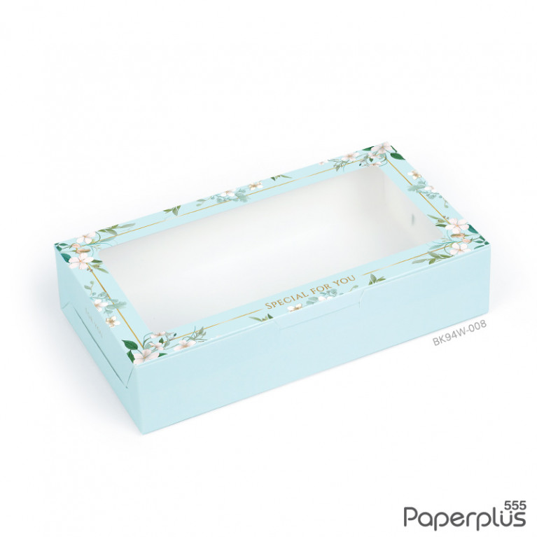 BK94W-008 กล่องขนมทรงแบน 10x18x4cm. ดอกไม้สีฟ้า (20กล่อง)