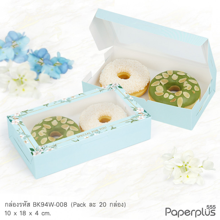 BK94W-008 กล่องขนมทรงแบน 10x18x4cm. ดอกไม้สีฟ้า (20กล่อง)