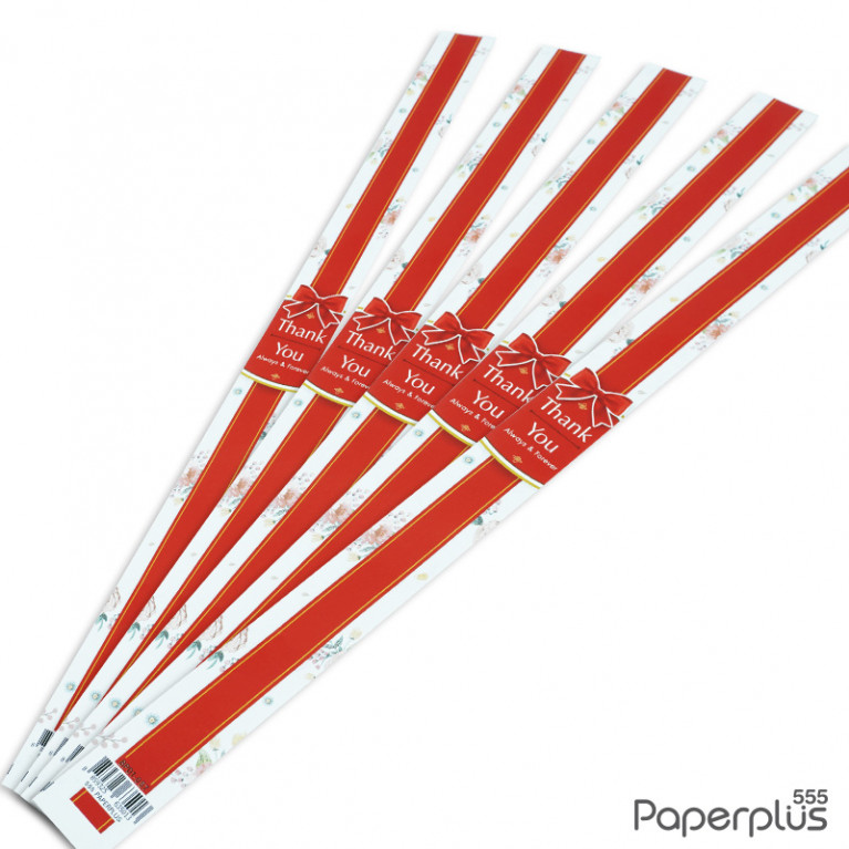 BP01-057 สายคาดกล่องขนม กว้าง  2.2 ยาว 31.3 ซม. แดงเส้นกลางThank (50เส้น)