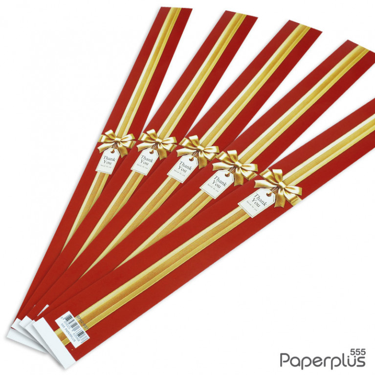 BP02-037 สายคาดกล่องขนม กว้าง  3.2 ยาว 31.3 ซม. แดงเส้นโบว์ทอง (50เส้น)