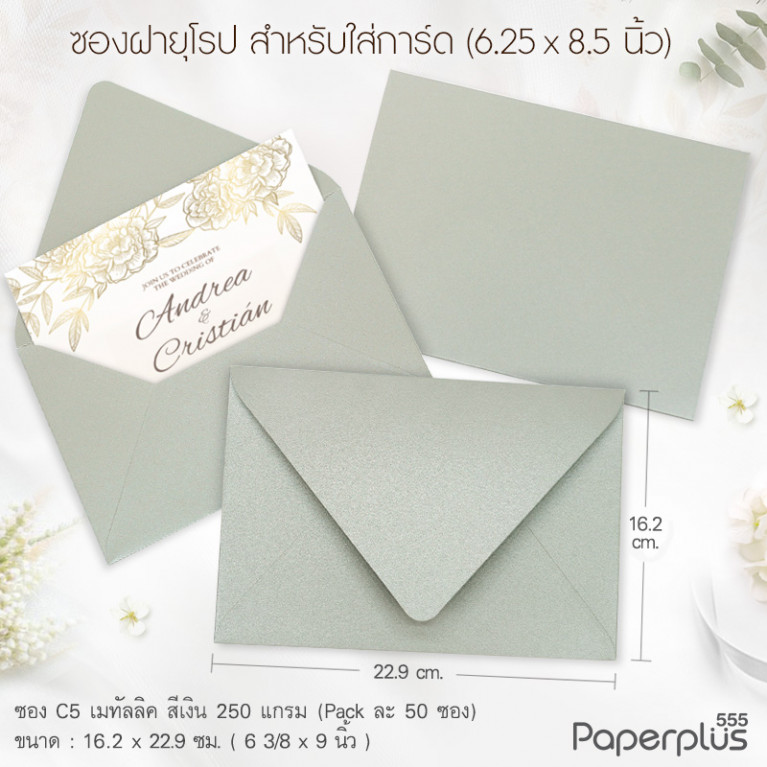 ซองใส่การ์ด No.C5 เมทัลลิค ฝายุโรป เงิน หนา250แกรม (50 ซอง) Code 54380