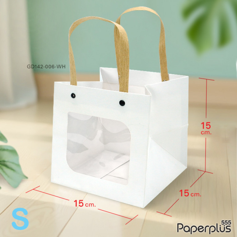 GD142-006-WH ถุงหิ้ว-ถุงกระดาษ สีขาว เจาะหน้าต่าง 15x15x15 ซม. (1ใบ)