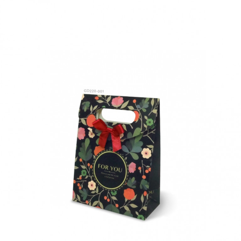 GD220-001 ถุงหูหิ้วของขวัญ 12.5 x 16.5 x 6 ซม. ดำลายดอก