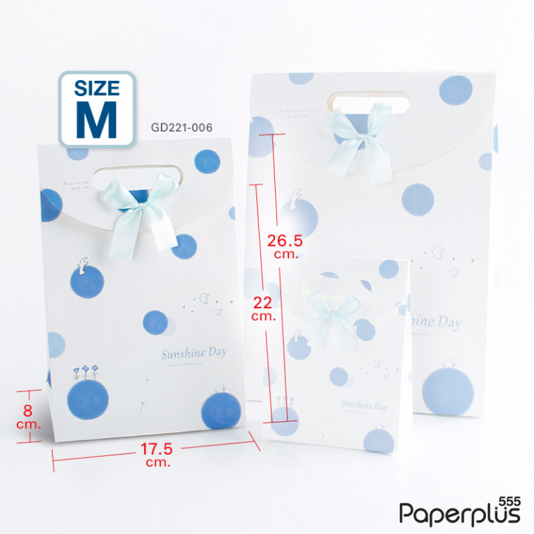 GD221-006 ถุงหูหิ้วของขวัญ 17.5 x 26.5 x 8 ซม. ลายขาวจุดฟ้า
