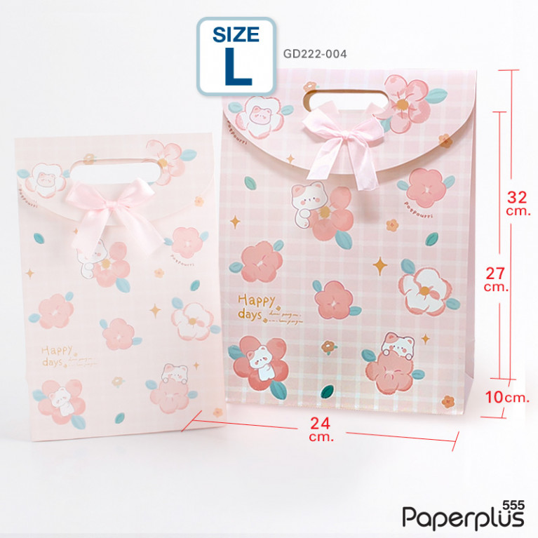 GD222-004 ถุงหูหิ้วของขวัญ 24 x 32 x 10 ซม. ลายชมพูตารางแมว