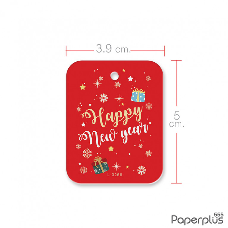 L-NY-3269 Tag HNY  3.9x5 cm. สี่เหลี่ยมขอบมนพื้นแดง กล่องของขวัญ (50แผ่น)