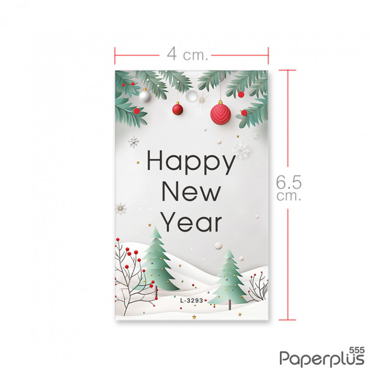L-NY-3293 Tag ผืนผ้า 4 x 6.5 cm. HNY สนเขียวกระดิ่งแดง (50แผ่น)