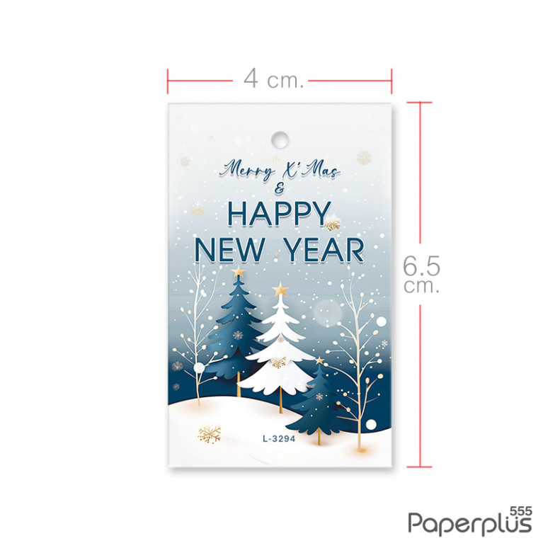 L-NY-3294 Tag ผืนผ้า 4 x 6.5 cm. HNY สนหิมะโปรยฟ้าคราม (50แผ่น)