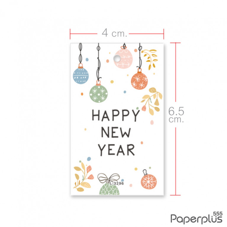 L-NY-3296 Tag ผืนผ้า 4 x 6.5 cm. HNY สีขาวลูกโป่งแฟนซี (50แผ่น)