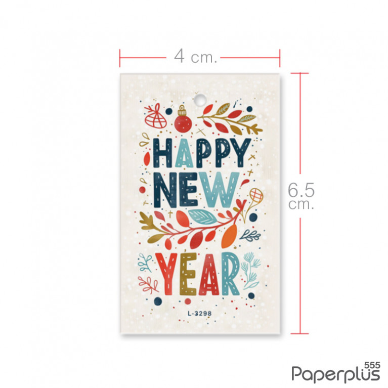 L-NY-3298 Tag ผืนผ้า 4 x 6.5 cm. HNY สีขาวใบไม้แฟนซี (50แผ่น)