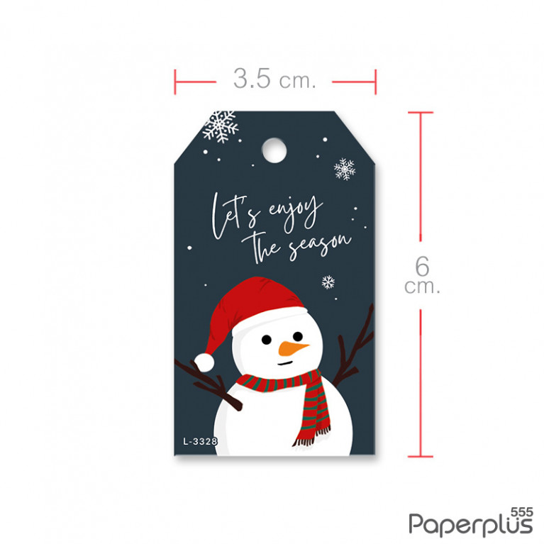 L-NY-3328 Tag ตัดมุม 3.5 x 6 cm. พื้นกรม Snow man (50แผ่น)