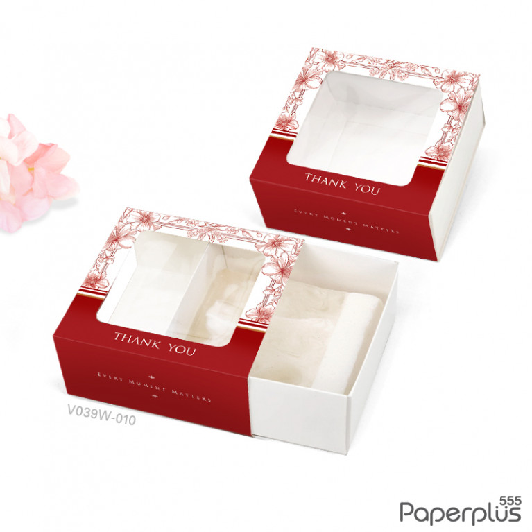 V039W-010 กล่องลิ้นชัก กล่องใส่สบู่ 7.5x7.5x3.5cm. แดงเข้ม ใบไม้เส้นแดง (20กล่อง) กระดาษหนา300แกรม