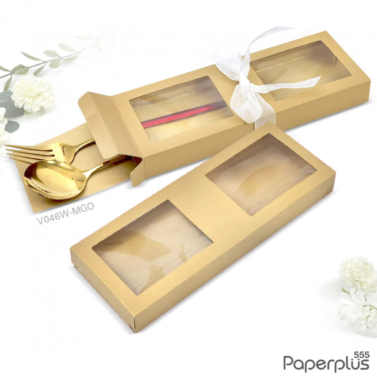 V046W-MGO กล่องใส่ช้อนส้อม+แผ่นรอง 8x21.5x2.5 cm. เมทัลลิค สีทอง หนา350แกรม (20กล่อง)