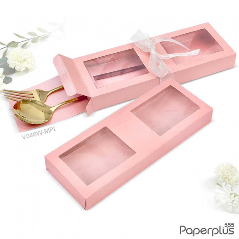 V046W-MPI กล่องใส่ช้อนส้อม+แผ่นรอง 8x21.5x2.5 cm. เมทัลลิค สีชมพู หนา350แกรม (20กล่อง)