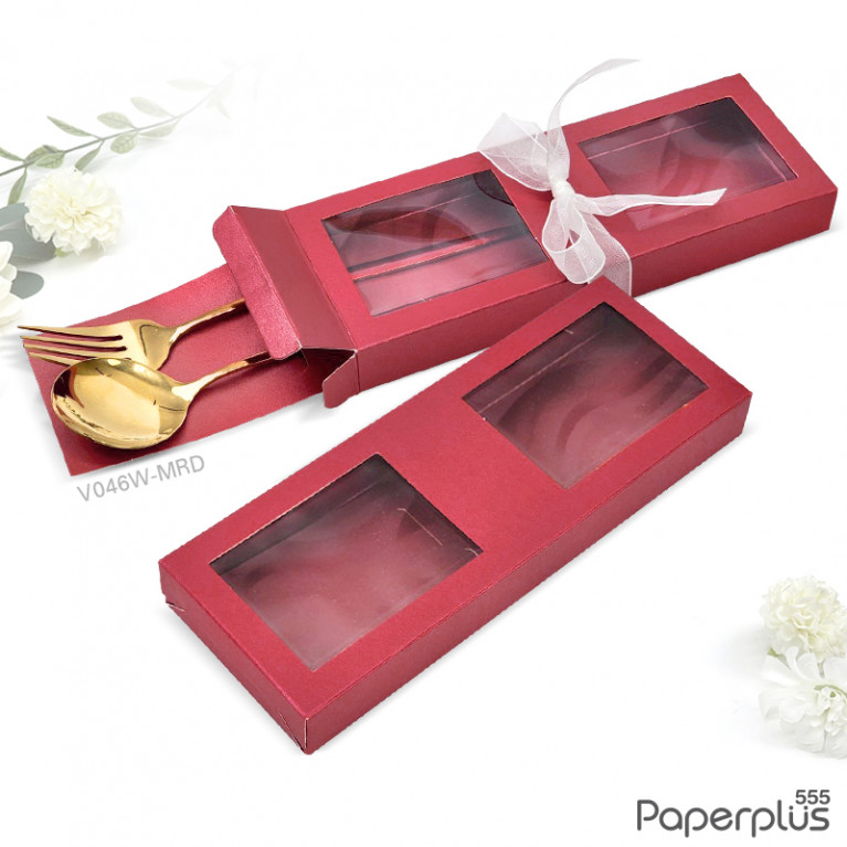 V046W-MRD กล่องใส่ช้อนส้อม+แผ่นรอง 8x21.5x2.5 cm. เมทัลลิค สีแดง หนา350แกรม (20กล่อง)