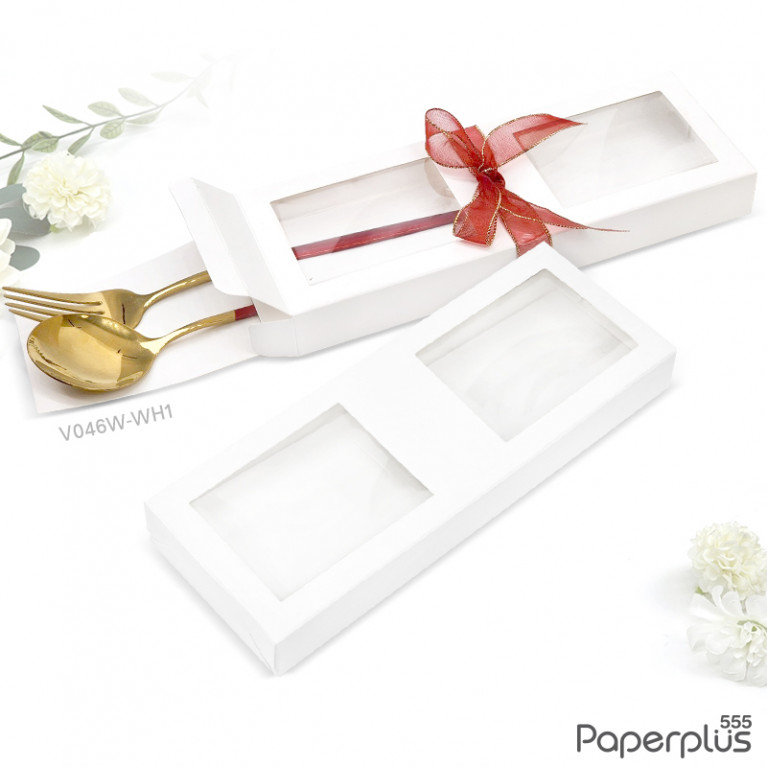 V046W-WH1 กล่องใส่ช้อนส้อม+แผ่นรอง 8x21.5x2.5 cm. สีขาว หนา300แกรม (20กล่อง)